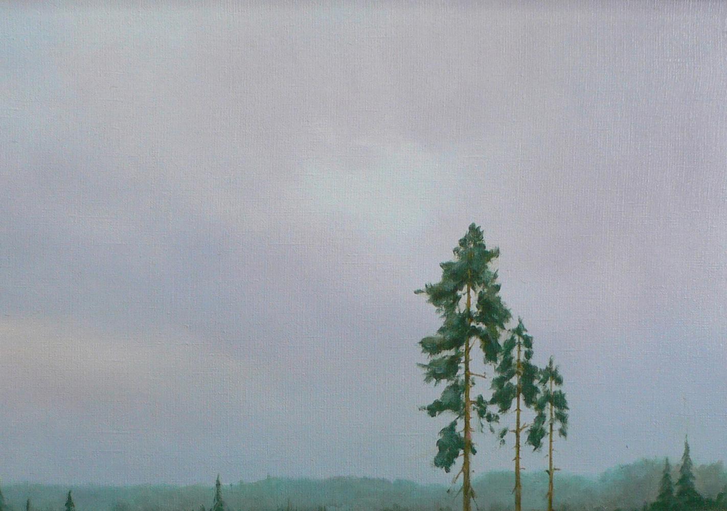 Oil painting of tall slender pines under gray sky by Vasily Korkishko
