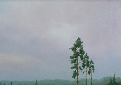 Oil painting of tall slender pines under gray sky by Vasily Korkishko