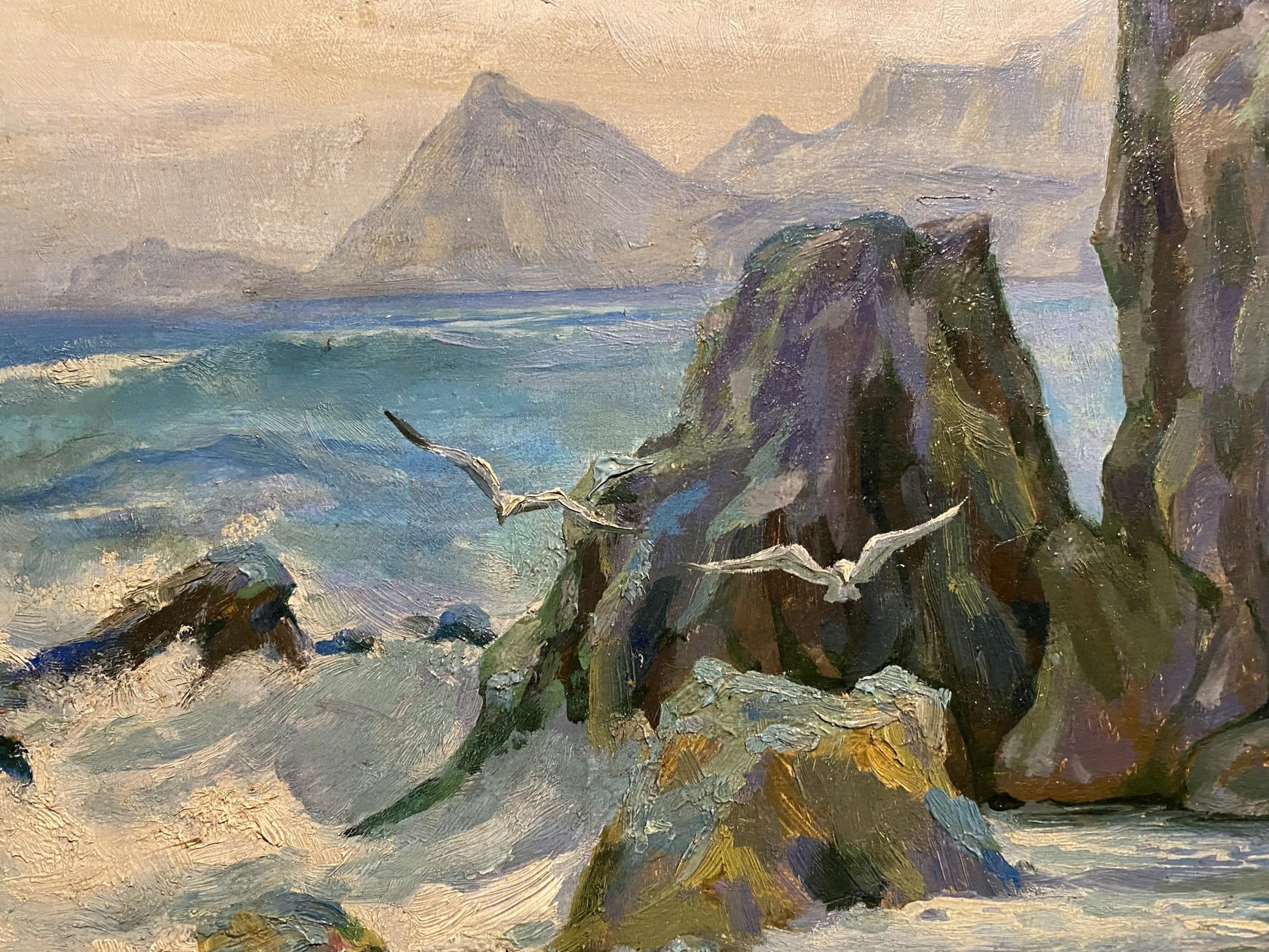 Oil painting Gurzuf by K. P. Inzavicius: rugged cliffs, waves, seagulls