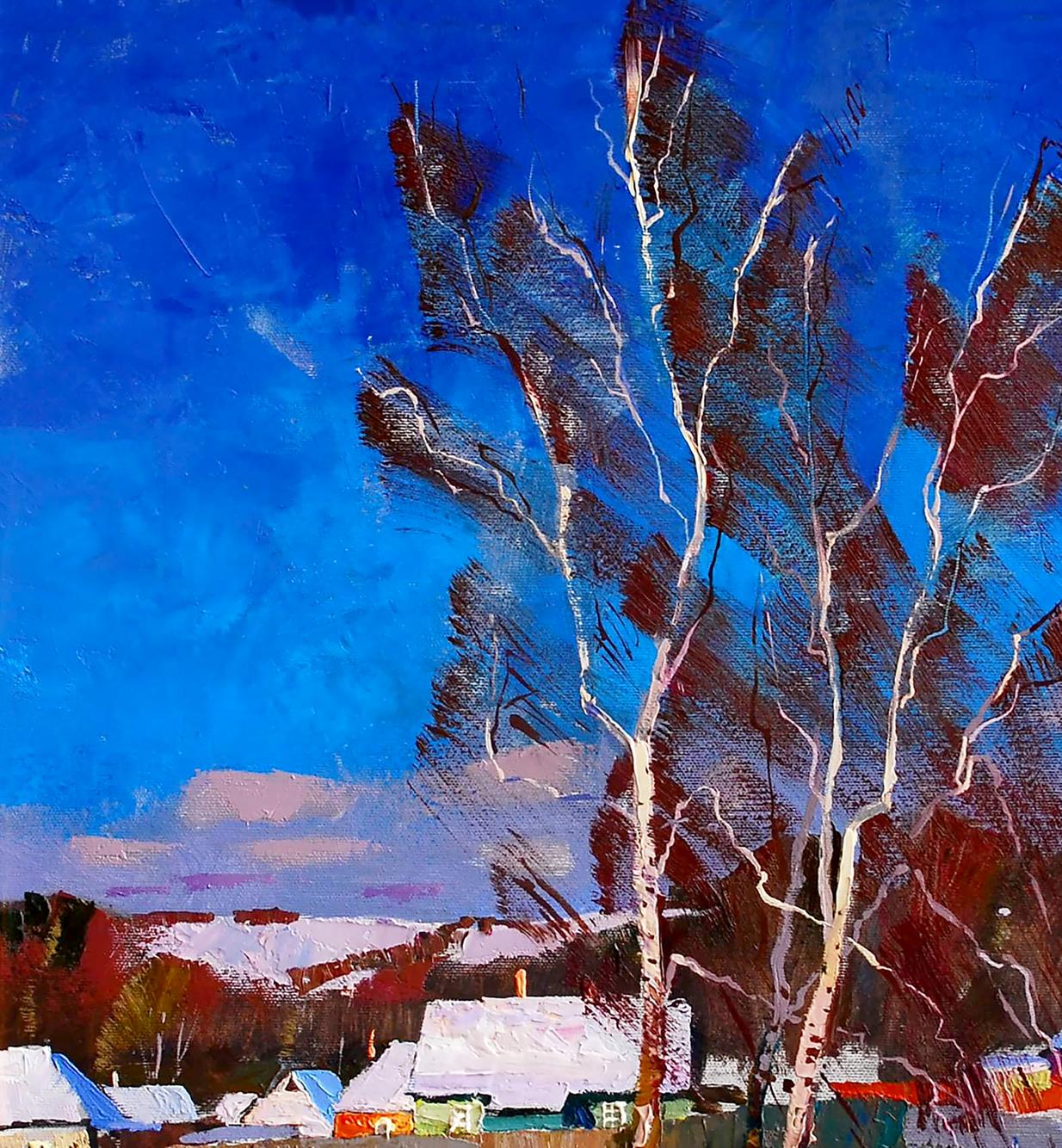Stylized birch tree in Egor Shvachunovs January in the city oil painting