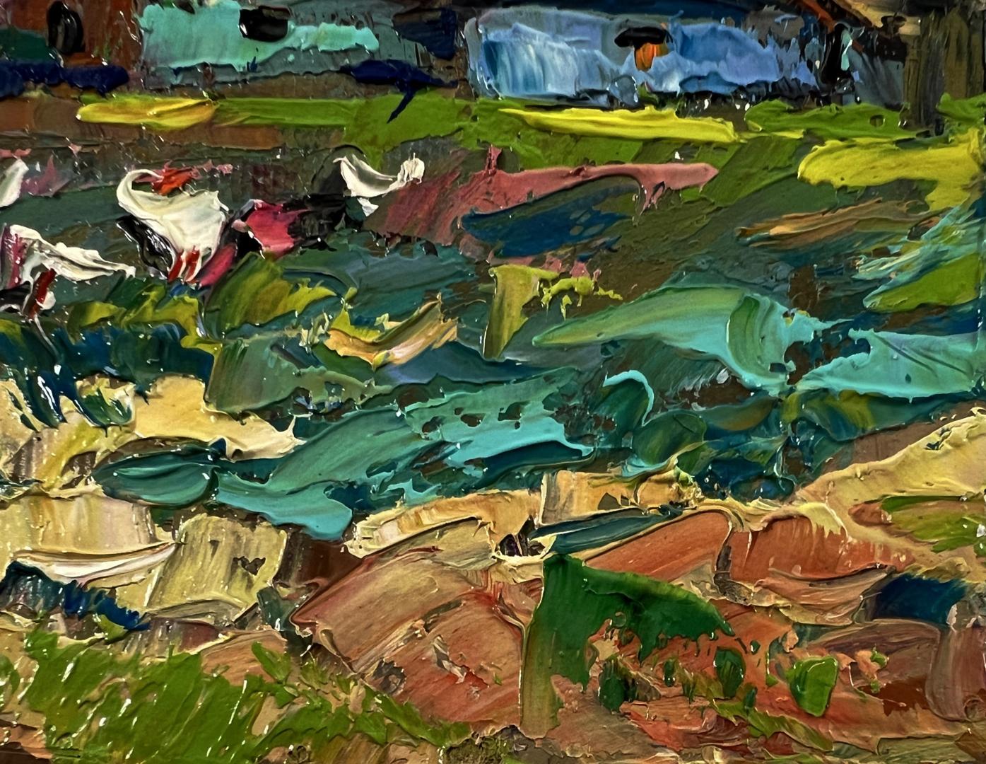 Vibrant impressionist oil painting of geese walking in evening by Oleksiy Ivanyuk