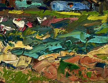 Vibrant impressionist oil painting of geese walking in evening by Oleksiy Ivanyuk