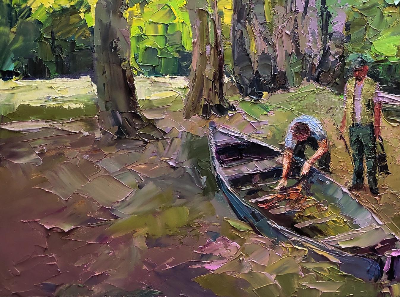 Oil painting of dark blue canoe by Boris Serdyuk with impressionistic brushstrokes