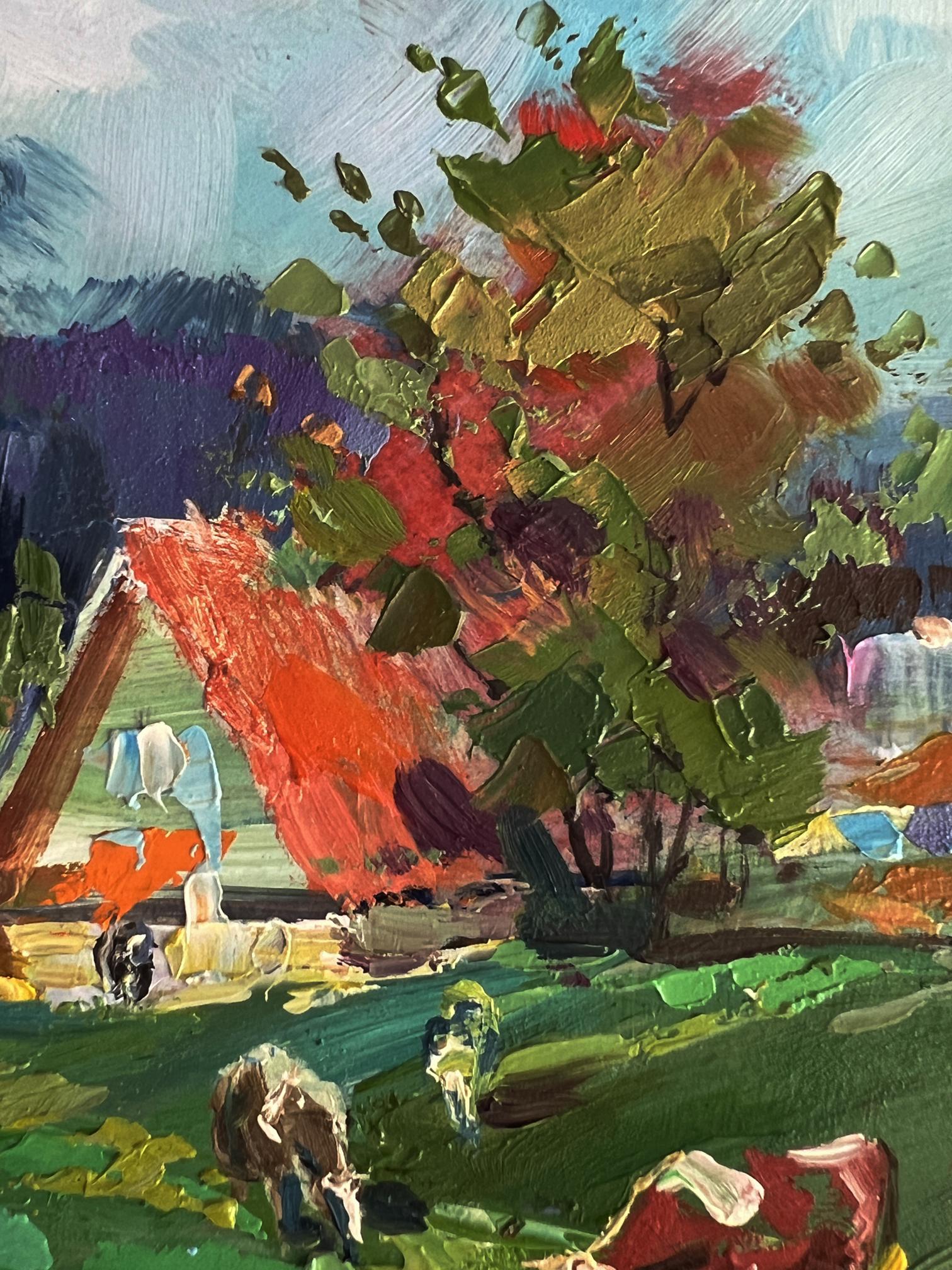 Vibrant impressionist tree painting in Yuriy Suprunchuk cows village oil artwork