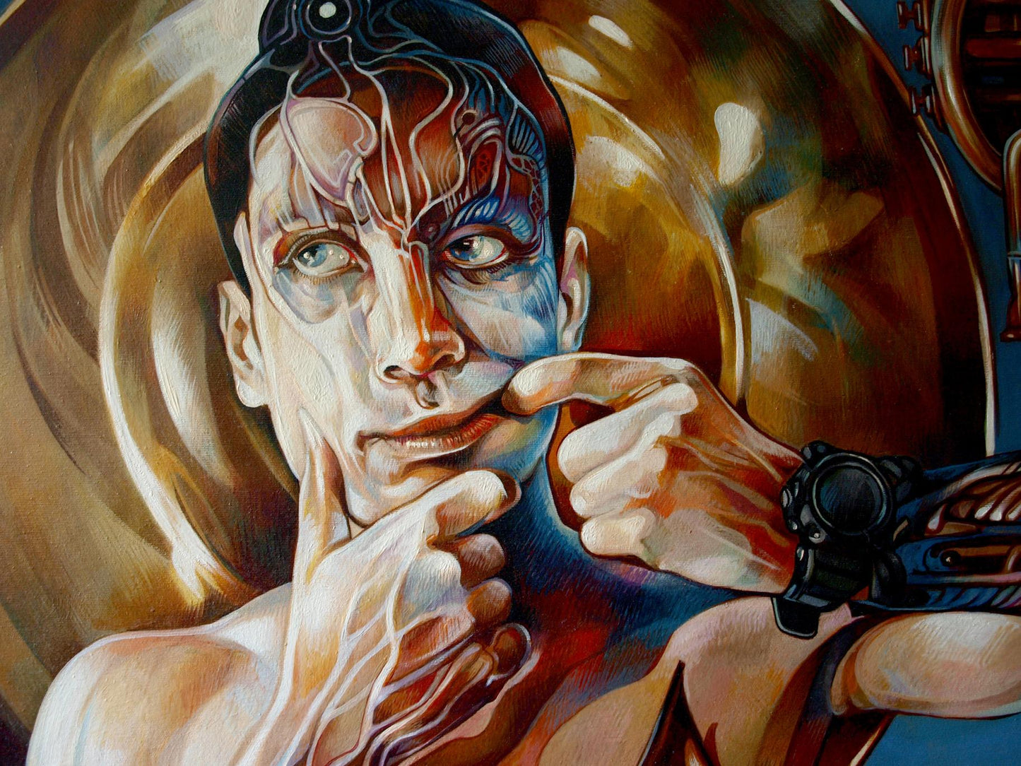 Surreal oil painting Horns in my head by Konsta G. Amelinn with glowing veins