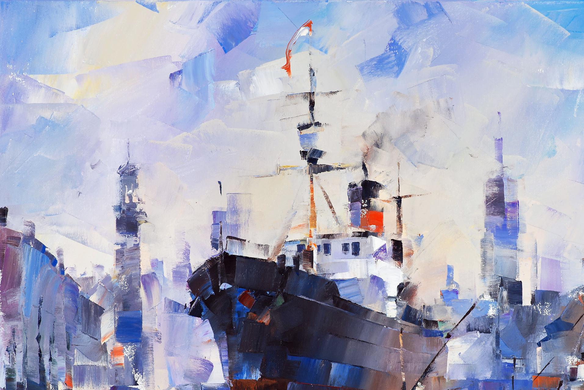 Oil painting New contours by Volodymyr Gluhomanyuk: dark ship with red flag