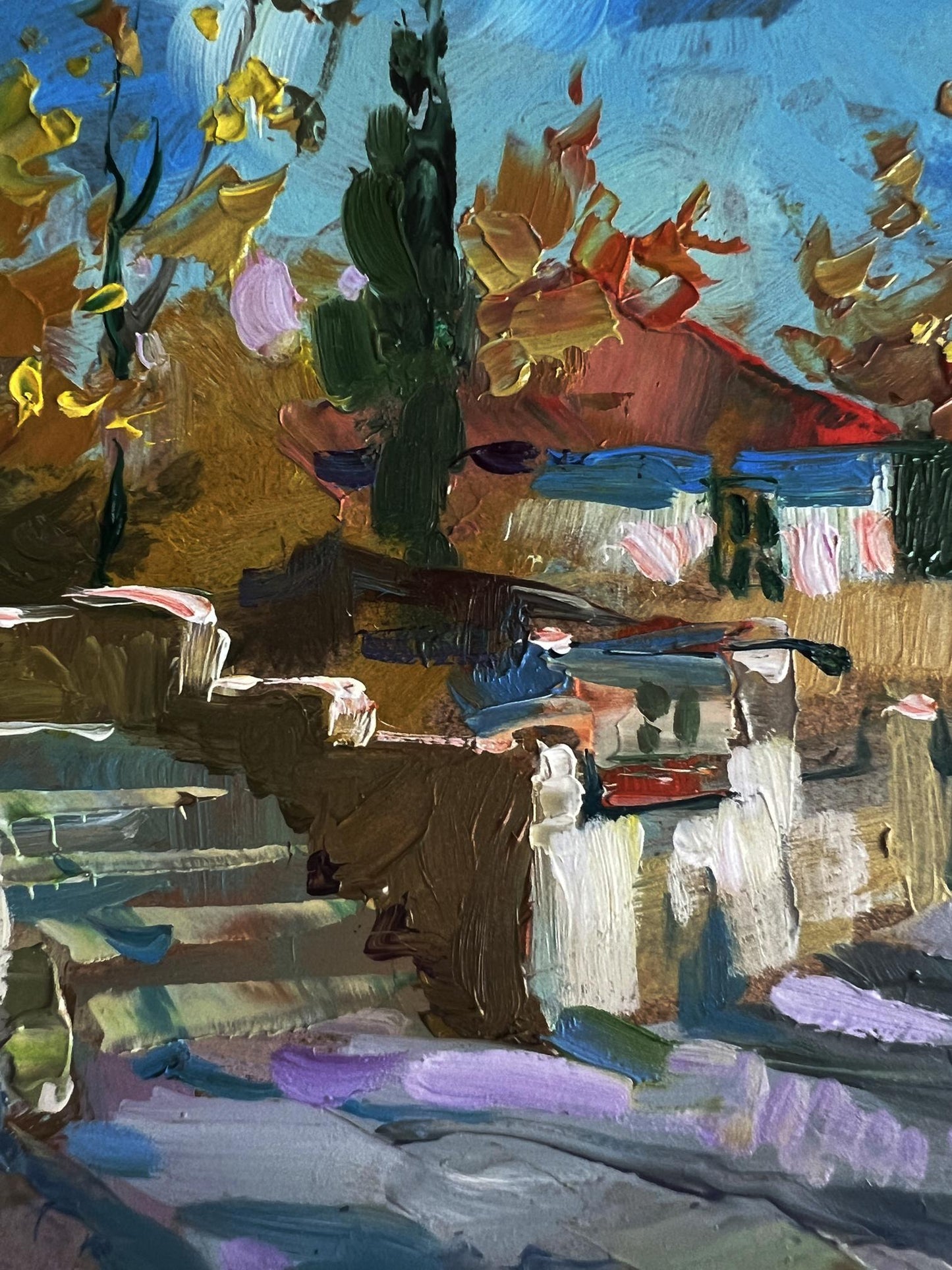 Vibrant impressionist oil painting A walk along a village street by Yuriy Suprunchuk