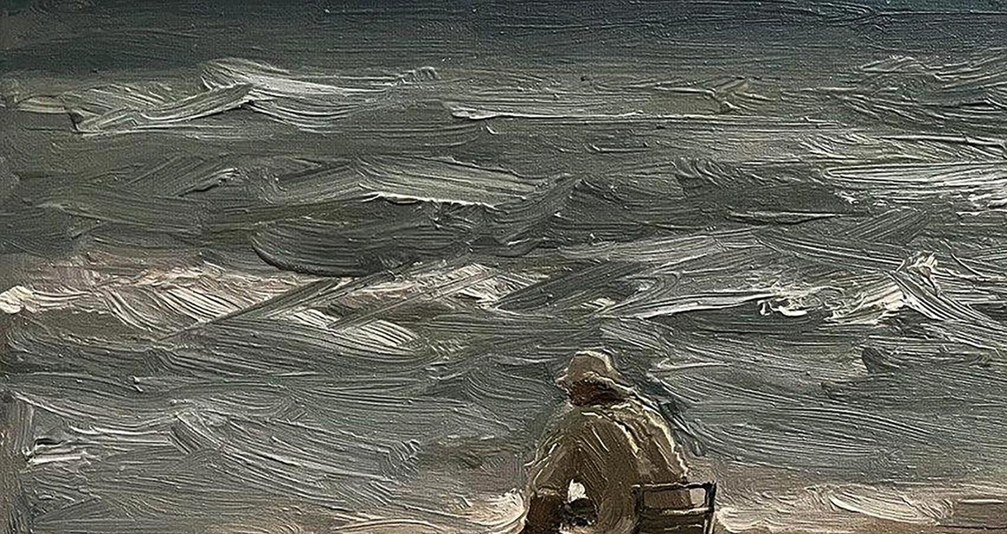 Oil painting Alone on the beach by Volodymyr Pashchenko, solitary figure facing gray waves