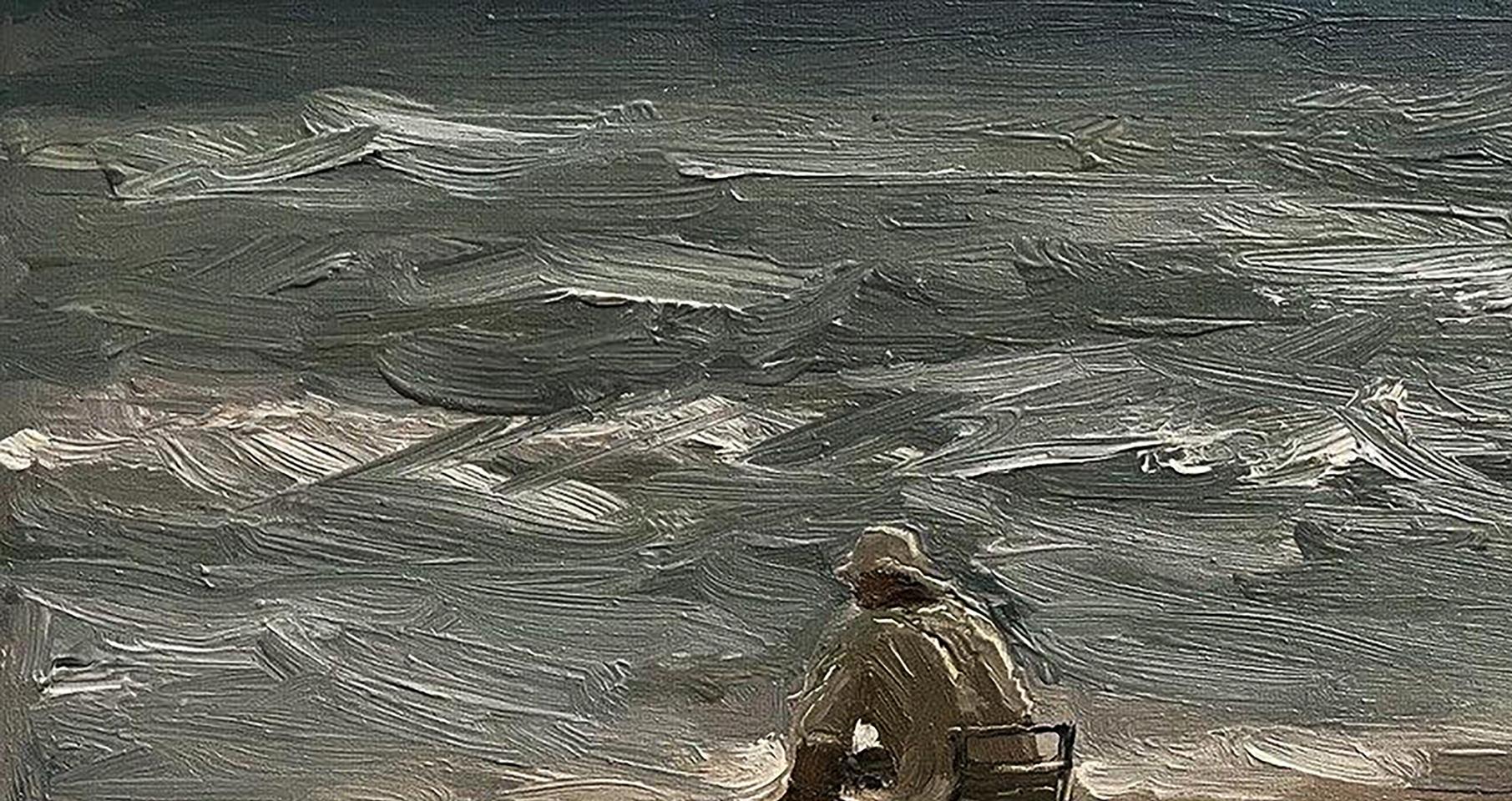 Oil painting Alone on the beach by Volodymyr Pashchenko, solitary figure facing gray waves