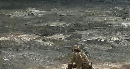 Oil painting Alone on the beach by Volodymyr Pashchenko, solitary figure facing gray waves