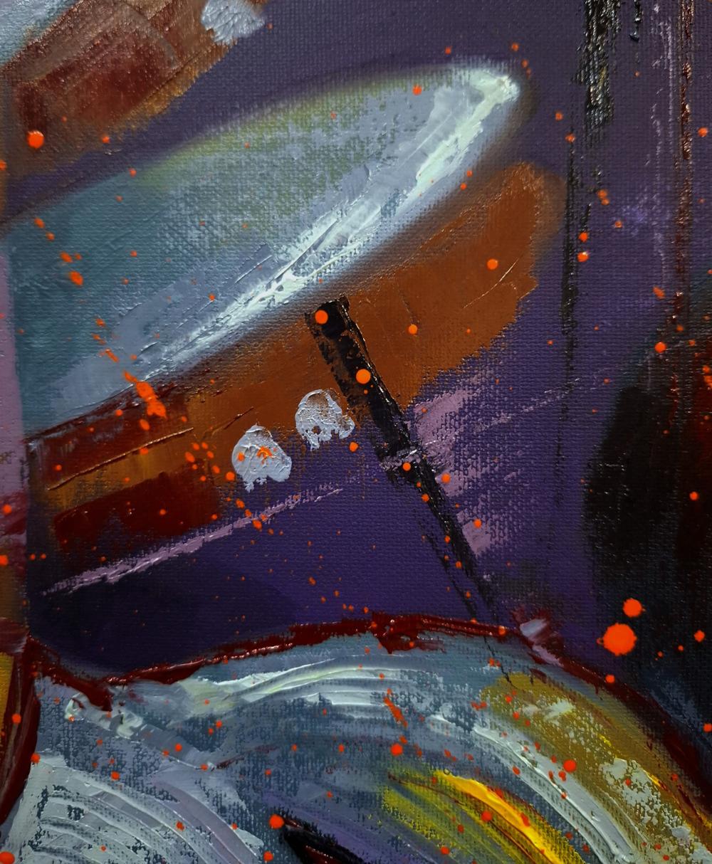 Oil painting Rocking horse by Sergiy Voichenko with purple orange gray strokes red splatters
