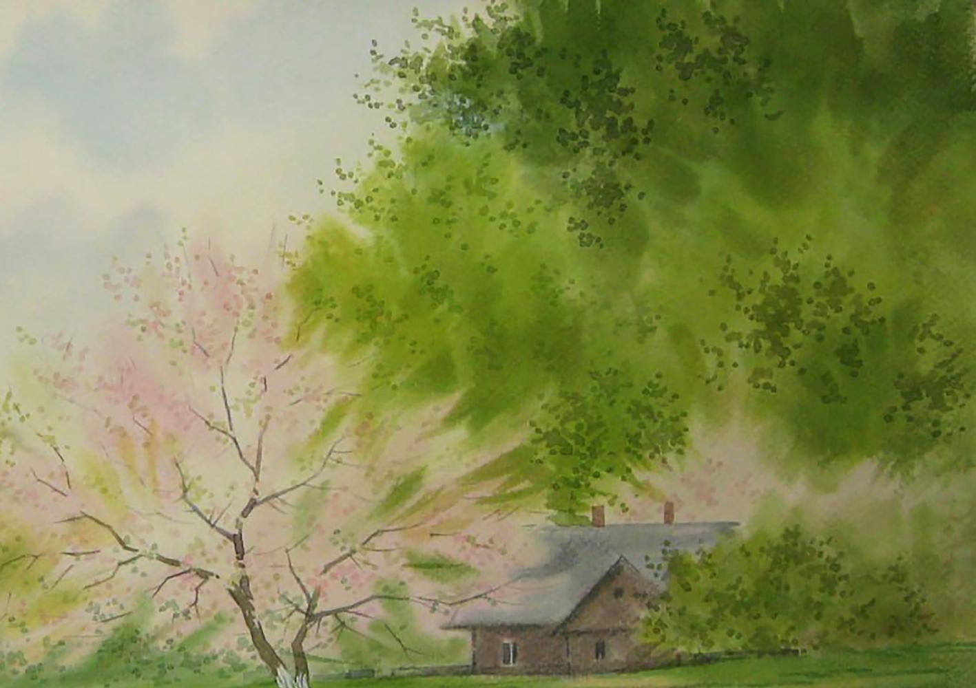 Watercolor painting of rustic brown house under lush trees and pink blossoms by Valery Savenets