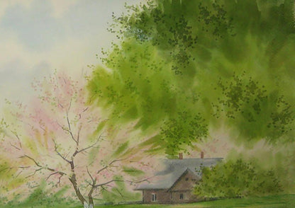 Watercolor painting of rustic brown house under lush trees and pink blossoms by Valery Savenets