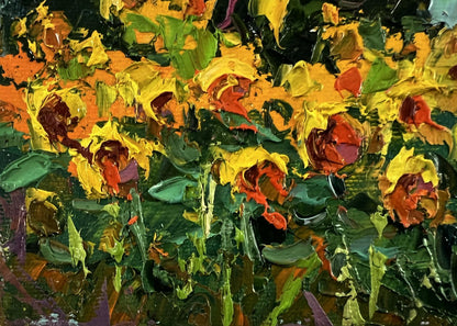 Vibrant impressionist oil painting of sunflowers field by Oksana Ivanyuk