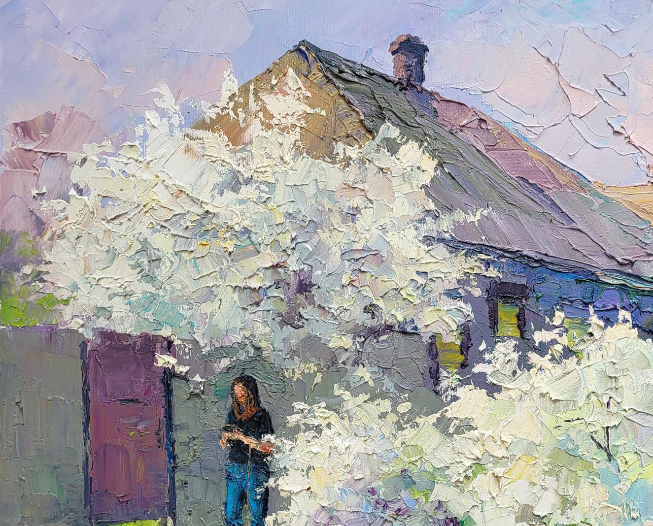 Oil painting April is on our street by Boris Serdyuk, rustic house in blossoms