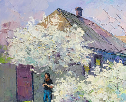 Oil painting April is on our street by Boris Serdyuk, rustic house in blossoms