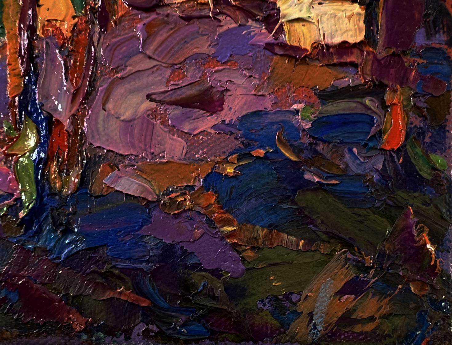 Textured impasto oil painting of orange sunset behind trees by Oksana Ivanyuk