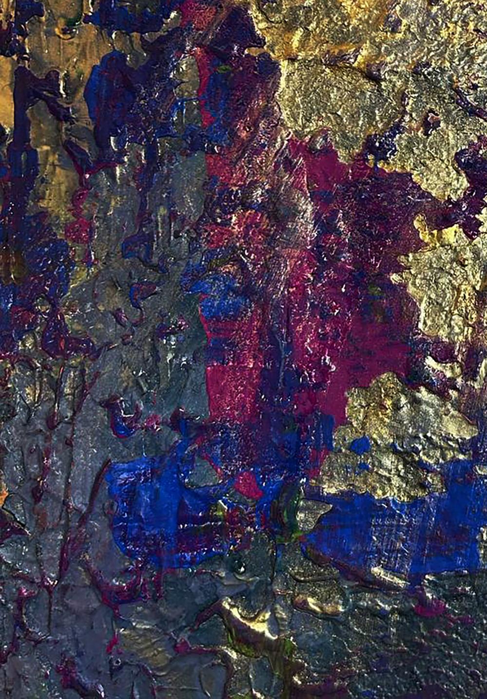 Golden Lilac acrylic painting by Olga Melezhik with blue, magenta, gold strokes
