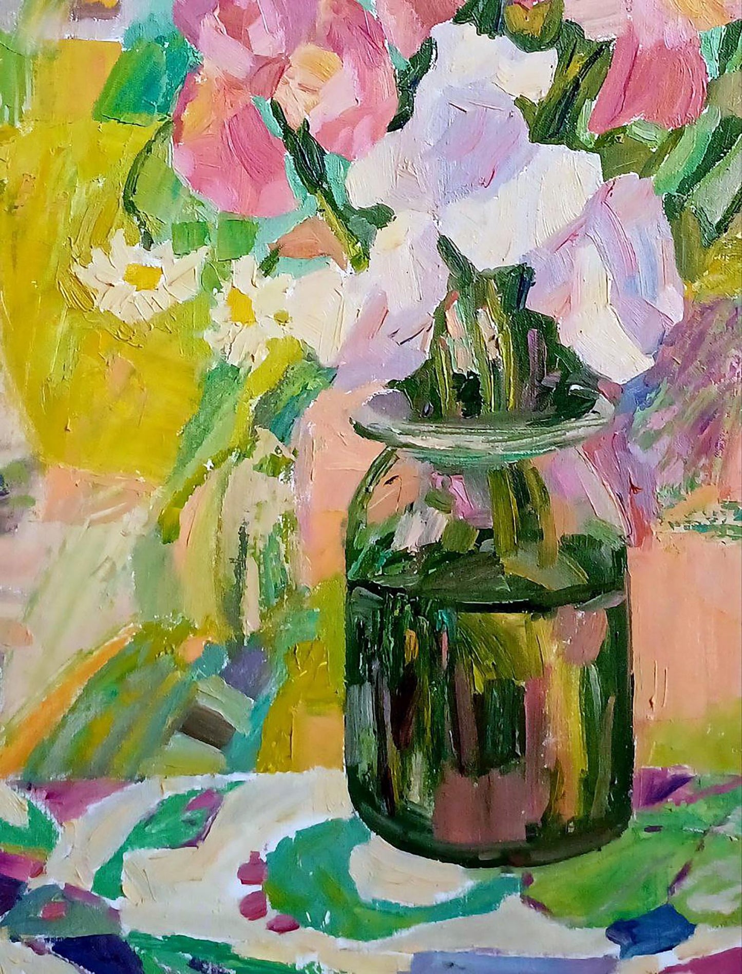 Oil painting of green jar with pink white yellow spring bouquet by Tatyana Shulyak