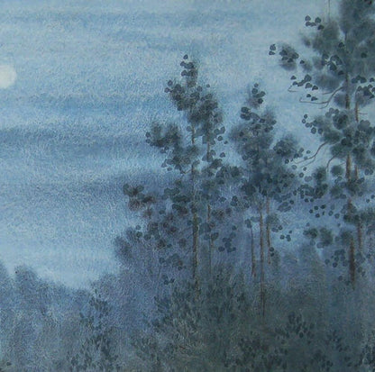 Serene watercolor of moonlit pine trees by Valery Savenets