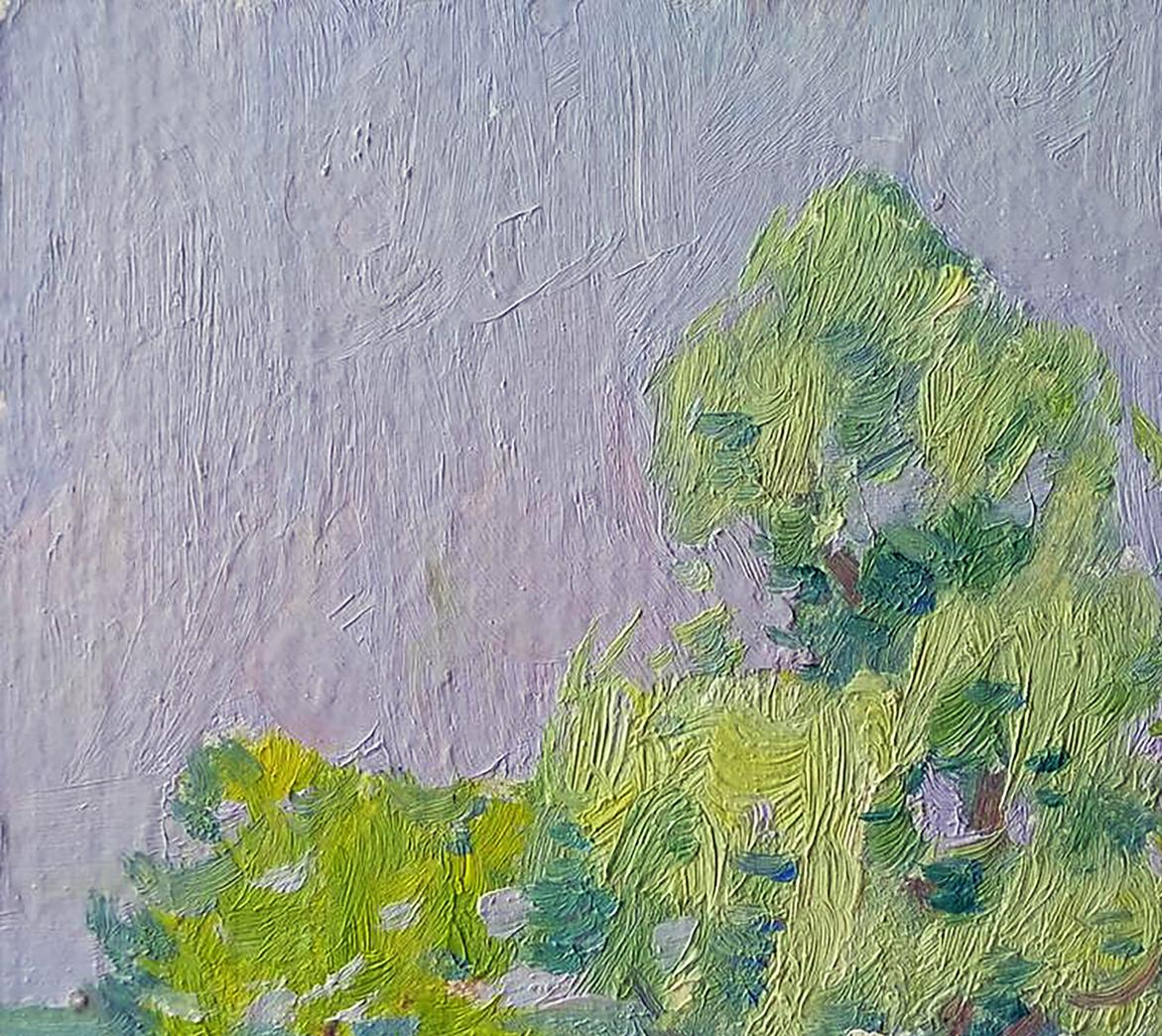 Textured oil painting of green tree by Yury Konovalov, sea shore, gray sky