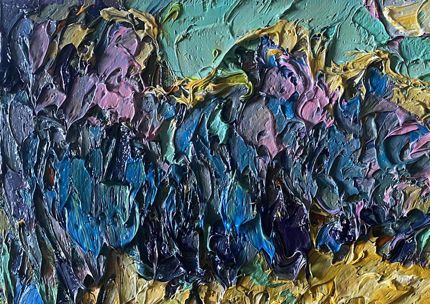 Oil painting In the autumn field by Oleksiy Ivanyuk, teal gold purple impasto
