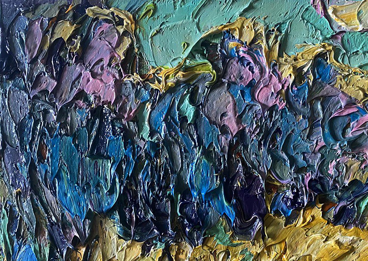 Oil painting In the autumn field by Oleksiy Ivanyuk, teal gold purple impasto