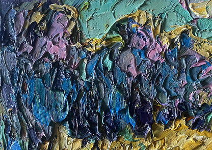 Oil painting In the autumn field by Oleksiy Ivanyuk, teal gold purple impasto