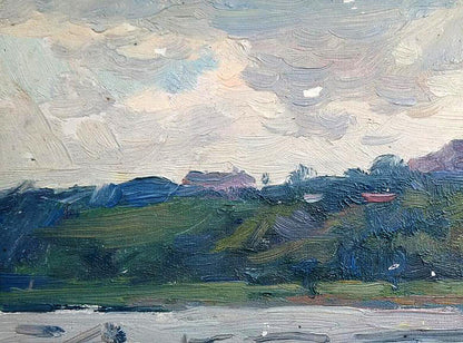 Textured oil painting of city pier by Yury Konovalov with green hills