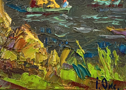 Impressionistic oil painting of transporting hay across river by Oksana Ivanyuk