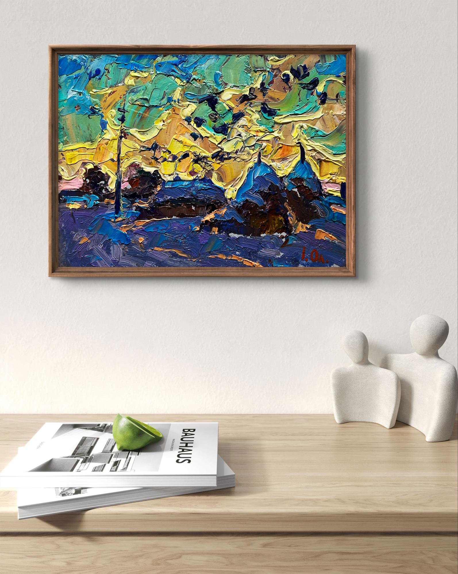 Vibrant impressionist oil painting Crows in the evening by Oleksiy Ivanyuk in rustic frame