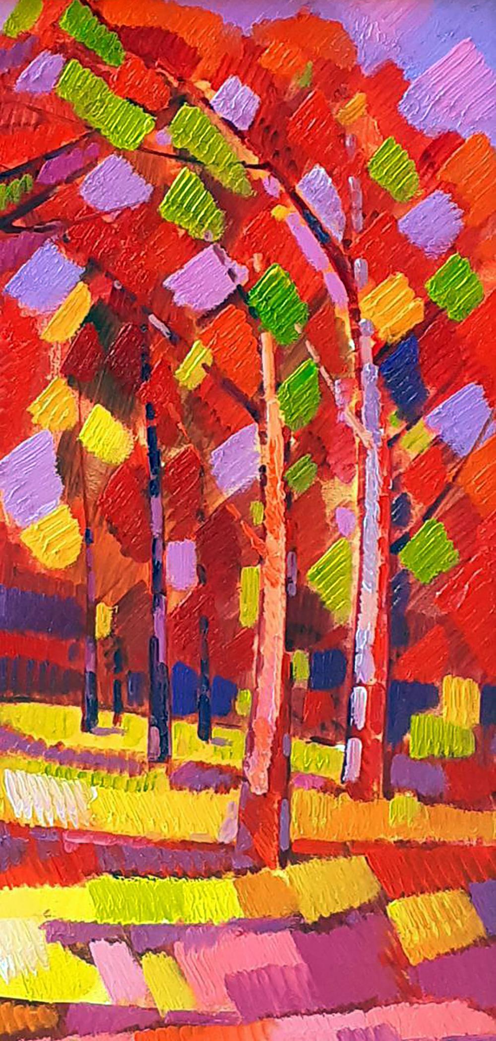 Vibrant abstract autumn forest oil painting by Peter Dobrev