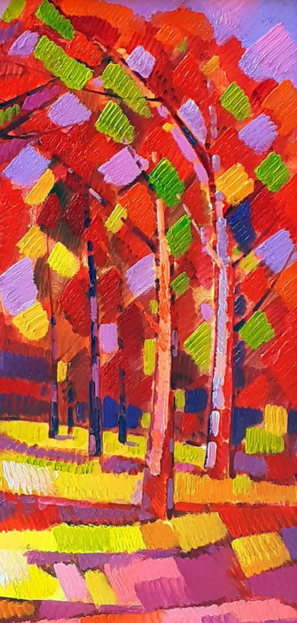 Vibrant abstract autumn forest oil painting by Peter Dobrev