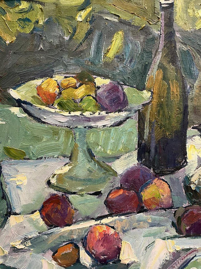 Oil painting by Oleksandr Andreev: silver bowl with peaches and plums