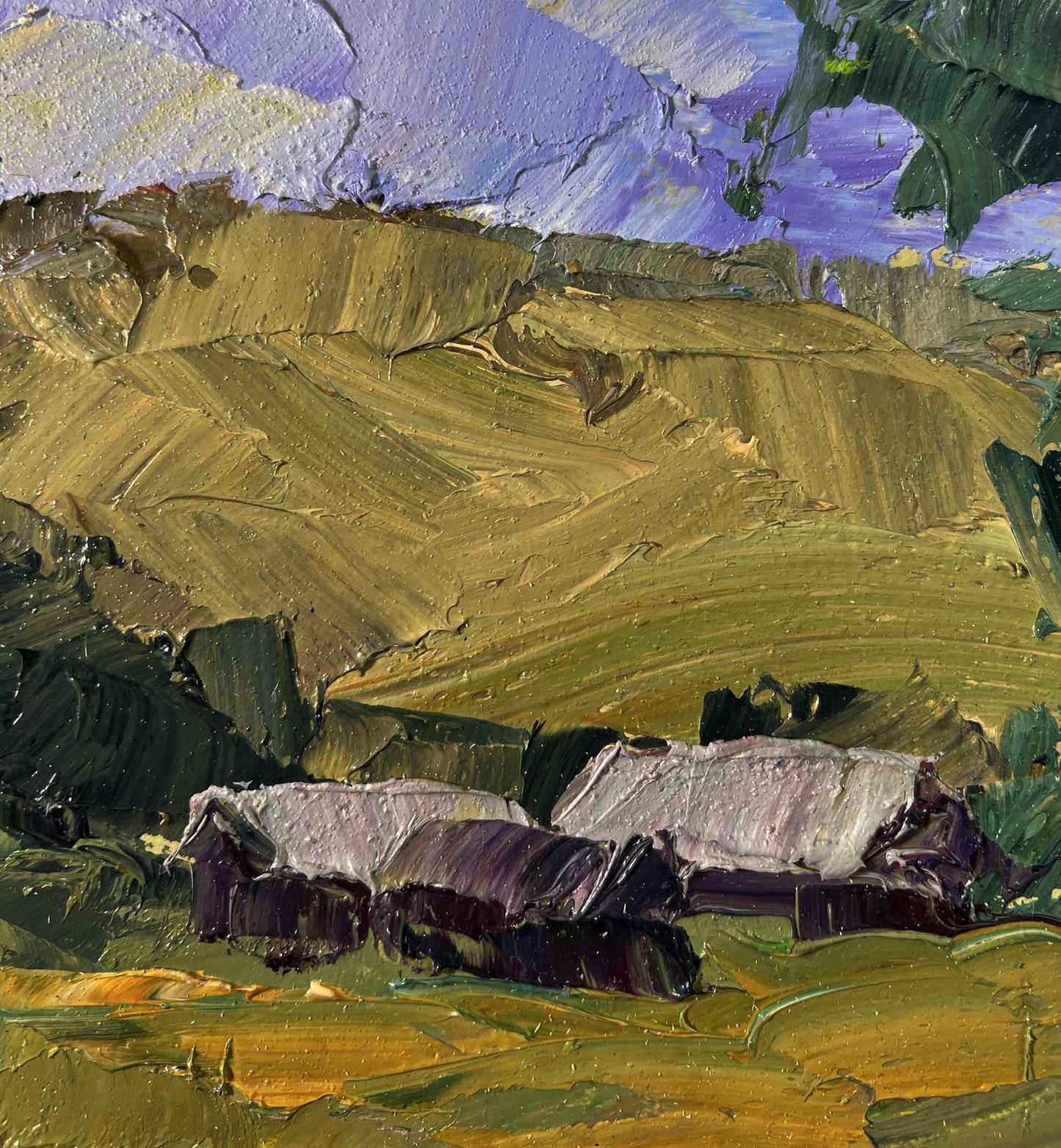 Oil painting by Boris Serdyuk of green hills and cottages under purple sky