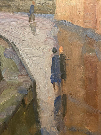 Abstract textured oil painting of street bustle by Nikolai Hrustalenko