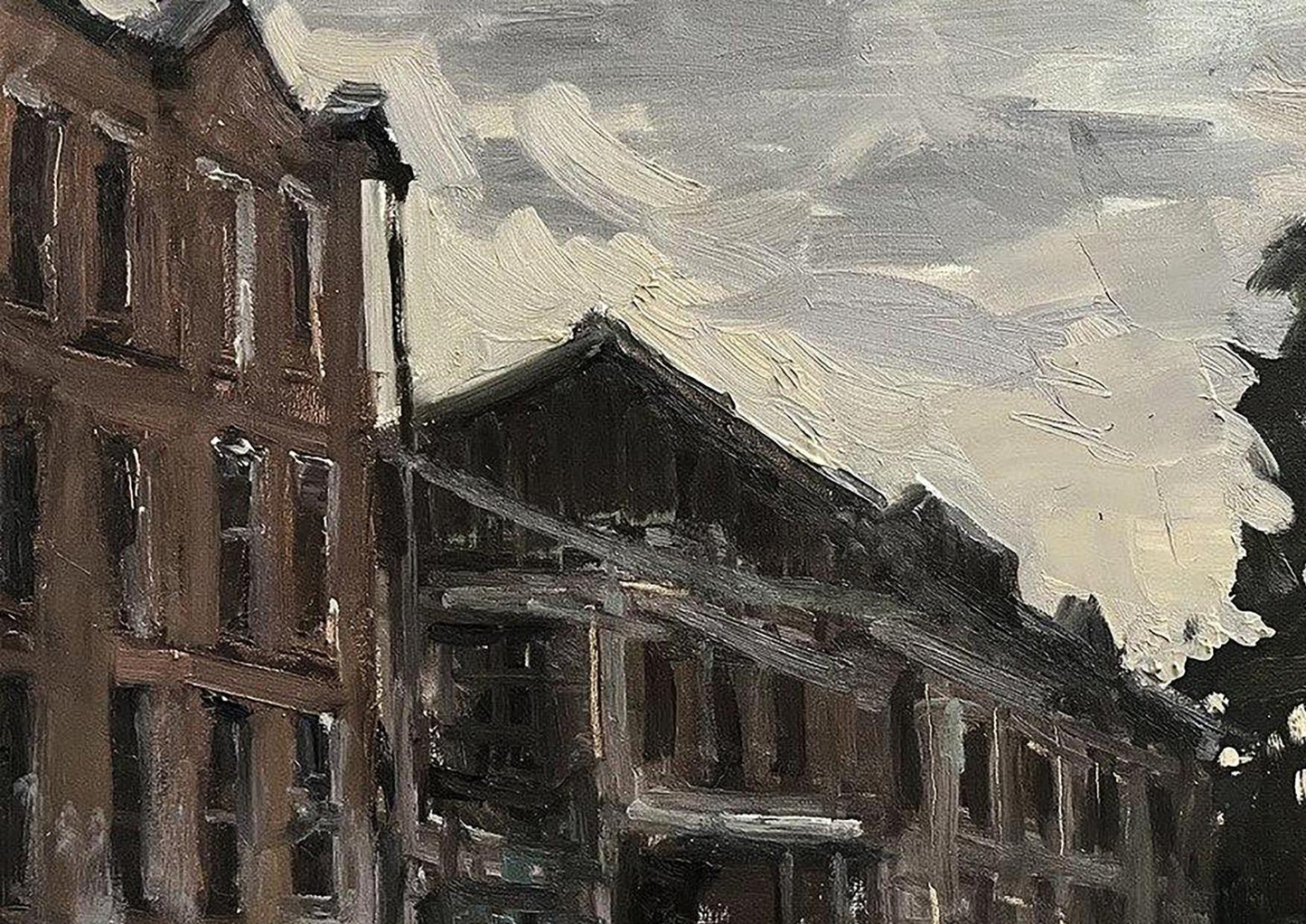 Oil painting Old town by Volodymyr Pashchenko: textured brown brick buildings under cloudy sky