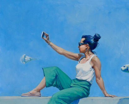 Oil painting Eat fugu fish by Oleg Kateryniuk: woman in selfie pose