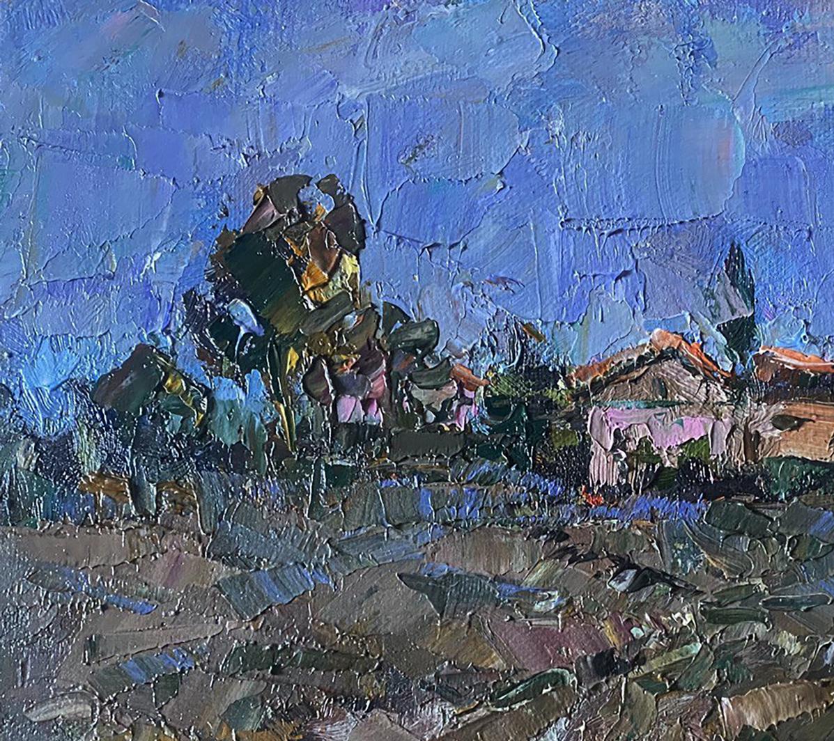 Oil painting Moon morning by Oleksiy Ivanyuk, textured rural landscape