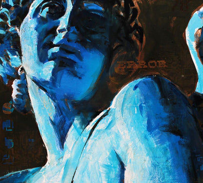 Vibrant blue oil painting sculpture of classical male angel by Ed Potapenkov