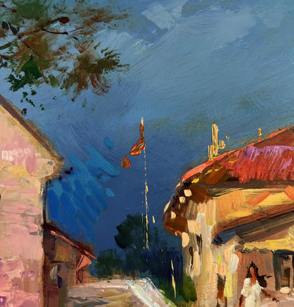 Vibrant impressionist oil painting of Yuriy Suprunchuk village bridge street