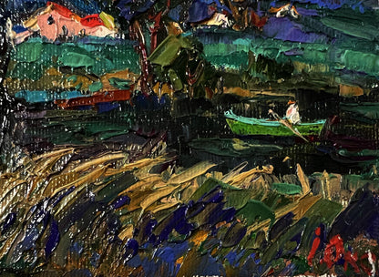 Oil painting Rain is coming to the village by Oksana Ivanyuk rowboat scene