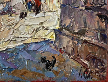 Oil painting of busy city street by Oleksiy Ivanyuk with signature
