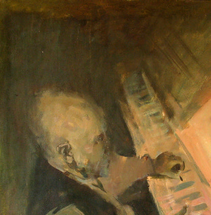 Textured impressionistic oil painting Adagio by Ed Potapenkov: elderly bald man at piano