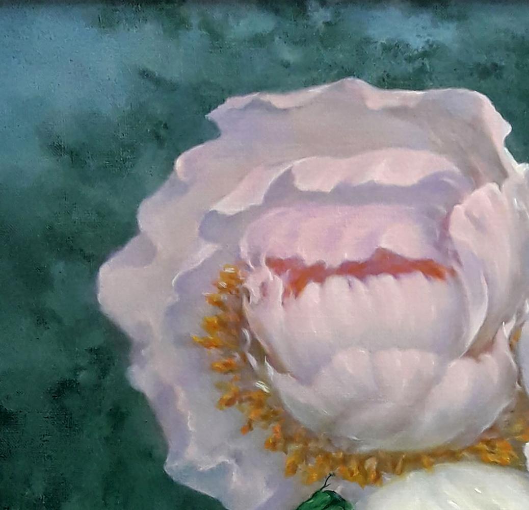 Delicate pale pink peony oil painting by Vasily Korkishko