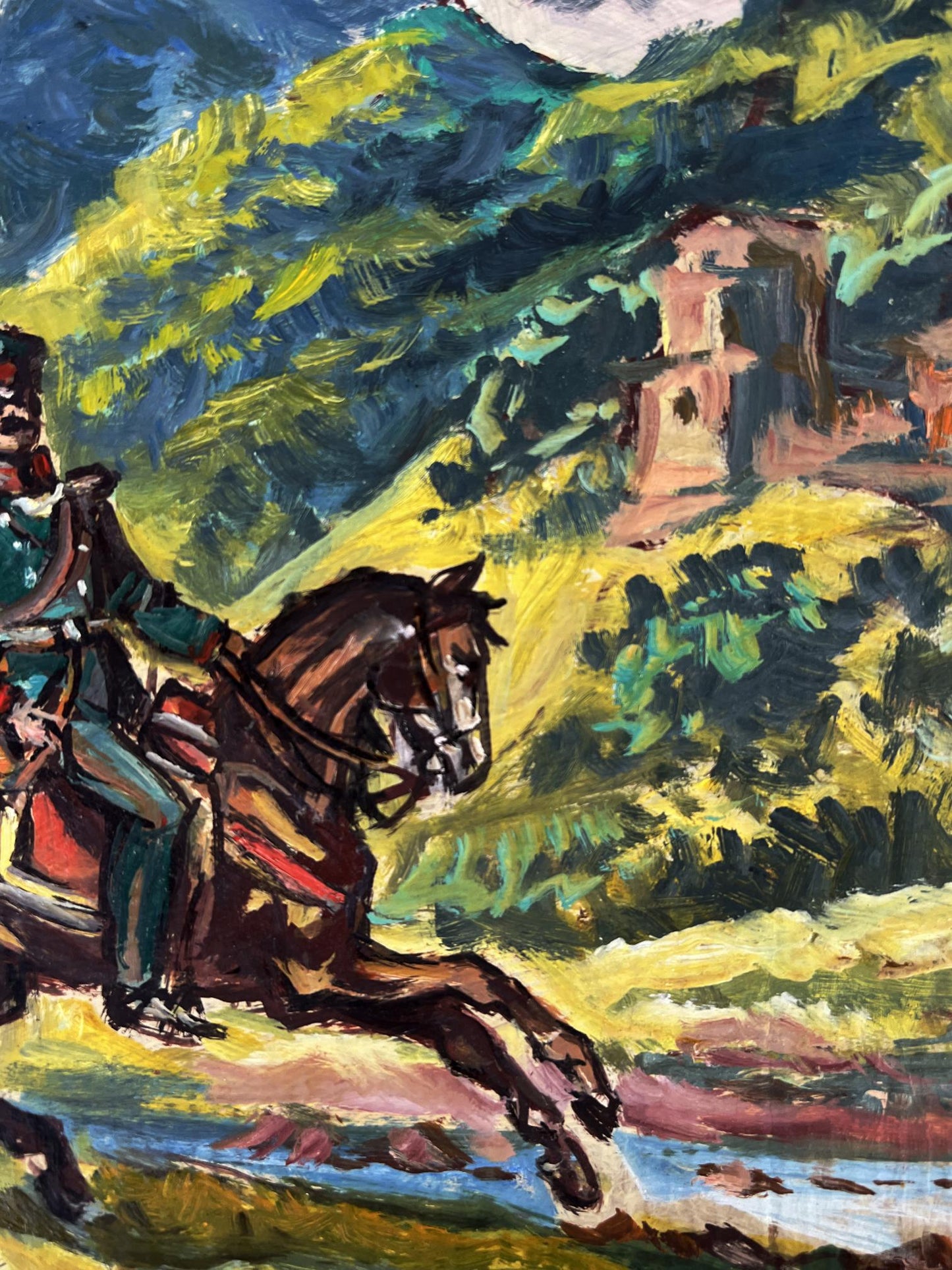Vibrant impressionist oil painting of galloping brown horse in lush landscape by Alexander Litvinov
