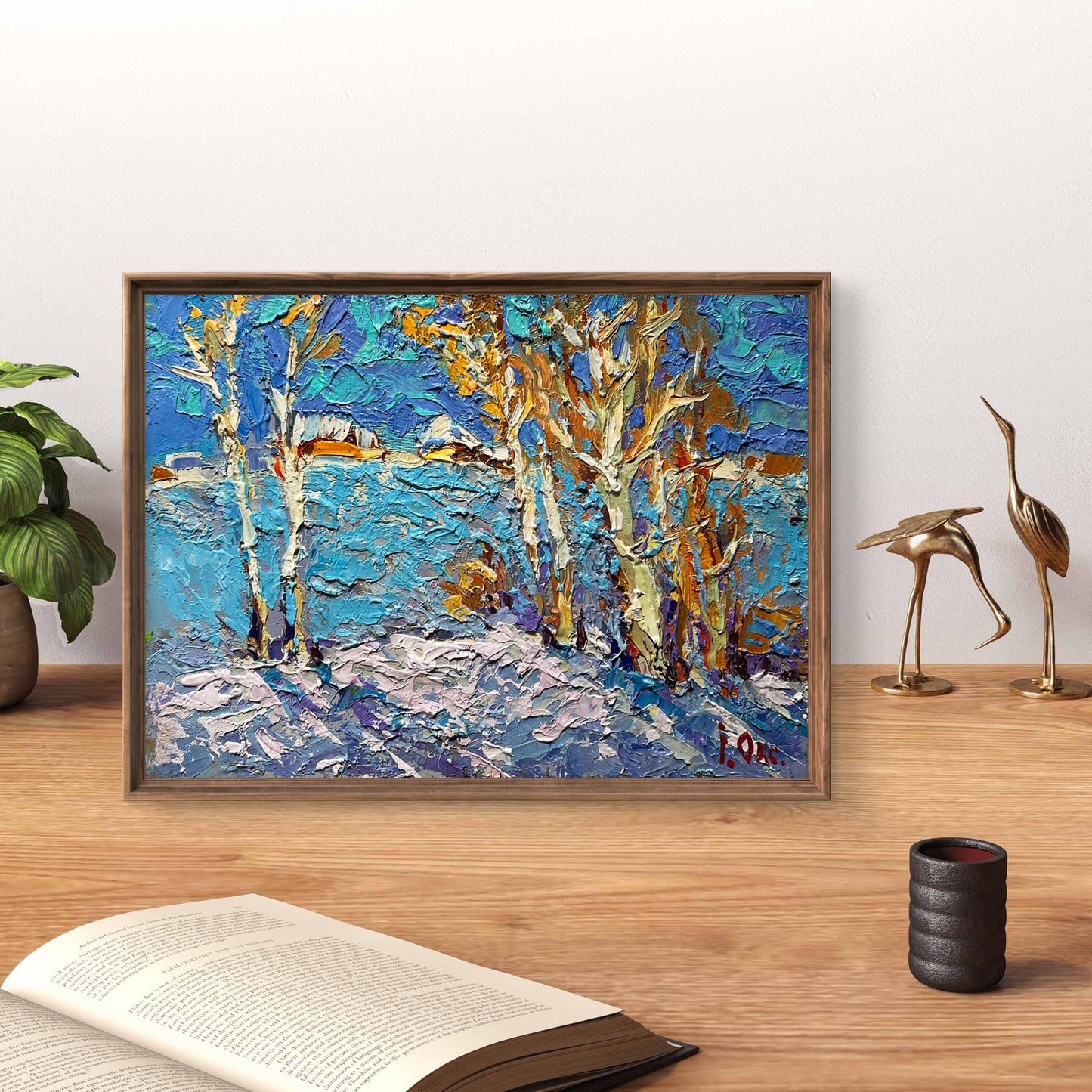 Oil painting Winter day Oksana Ivanyuk: snowy trees in blue gold abstract landscape