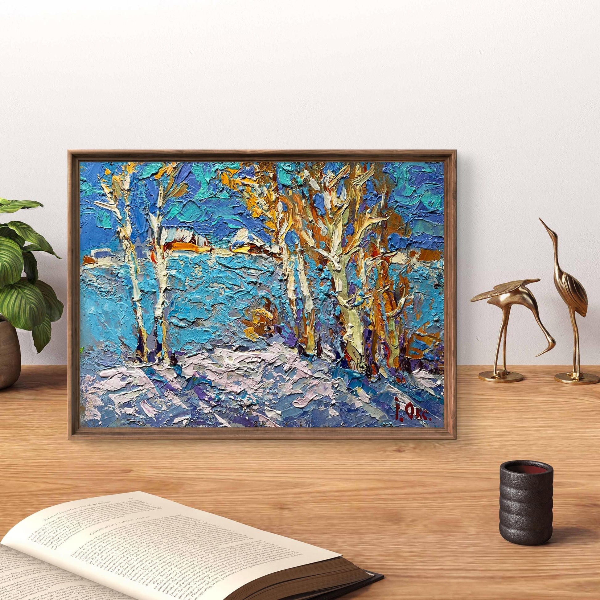 Oil painting Winter day Oksana Ivanyuk: snowy trees in blue gold abstract landscape