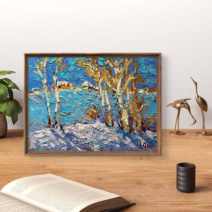 Oil painting Winter day Oksana Ivanyuk: snowy trees in blue gold abstract landscape