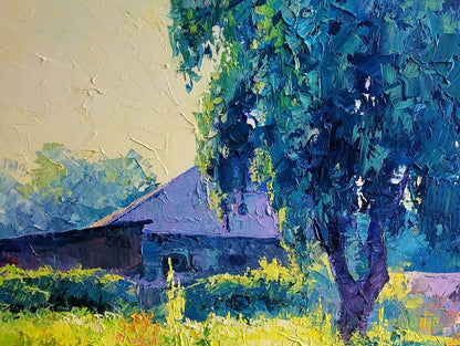 Oil painting Morning by Boris Serdyuk: lush tree over purple-roofed cottage